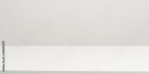 Empty white table top, mock up, white desk and white background.
