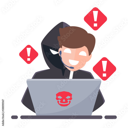 Thief Hacker disguised as fake call centers. fraud scam and steal private data on devices. vector illustration flat design for cyber criminal awareness concept.