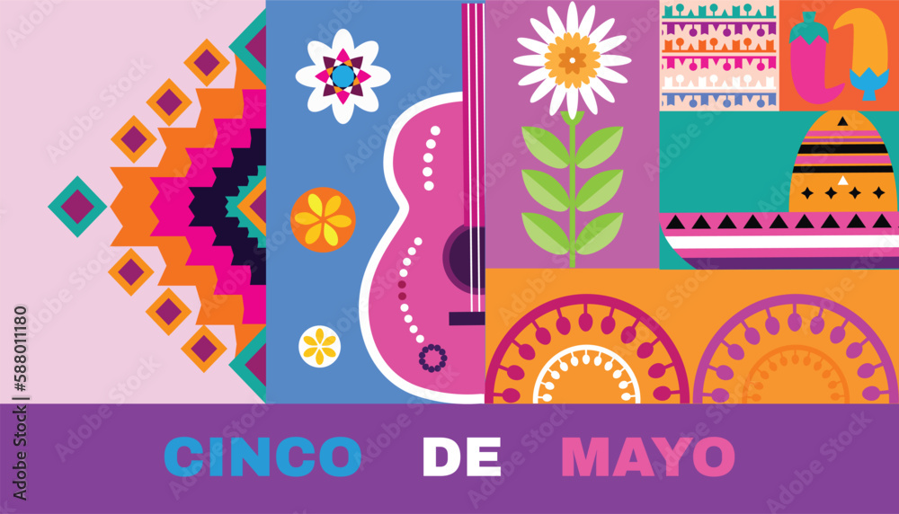 Happy Cinco de mayo template poster with guitar, sombrero, pepper, tequila, firework, pattern