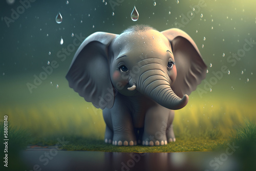 Rainy Day Fun: Adorable Little Elephant Playing in the Rainstorm