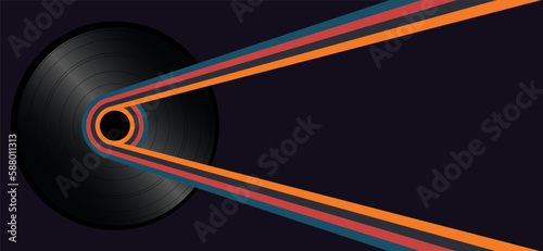 Retro horizontal background with color lines and vinyl music record. Abstract background in trendy 1970s style. Vector