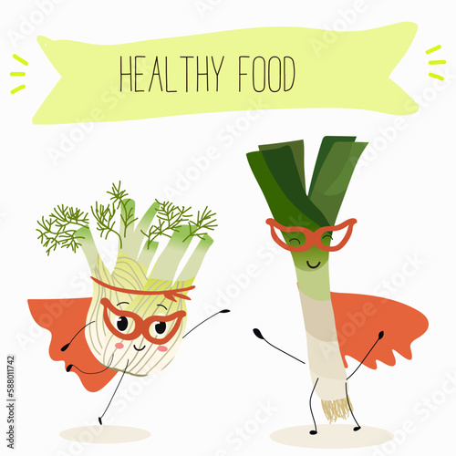 Illustration with funny characters fennel, leek, onion. Funny and healthy food. Vitamins, cute face food, ingredients, vegetarian, vector cartoon, agriculture,greenery.