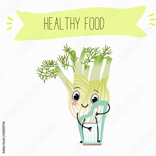 Illustration with funny characters fennel, leek, onion. Funny and healthy food. Vitamins, cute face food, ingredients, vegetarian, vector cartoon, agriculture,greenery.