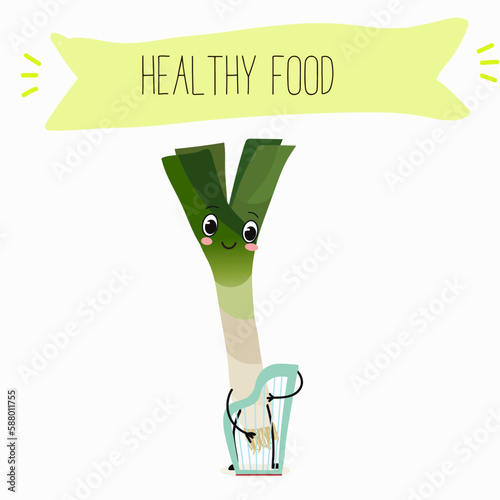 Illustration with funny characters fennel, leek, onion. Funny and healthy food. Vitamins, cute face food, ingredients, vegetarian, vector cartoon, agriculture,greenery.