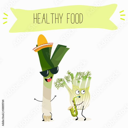 Illustration with funny characters fennel, leek, onion. Funny and healthy food. Vitamins, cute face food, ingredients, vegetarian, vector cartoon, agriculture,greenery.