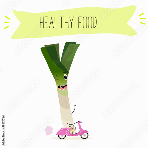 Illustration with funny characters fennel, leek, onion. Funny and healthy food. Vitamins, cute face food, ingredients, vegetarian, vector cartoon, agriculture,greenery.