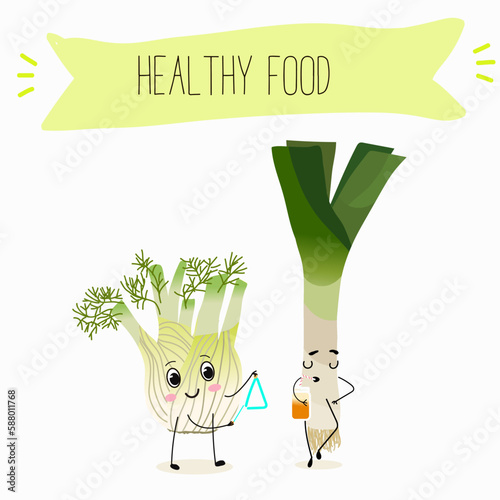Illustration with funny characters fennel, leek, onion. Funny and healthy food. Vitamins, cute face food, ingredients, vegetarian, vector cartoon, agriculture,greenery.