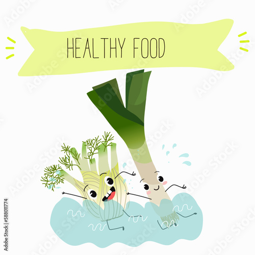 Illustration with funny characters fennel, leek, onion. Funny and healthy food. Vitamins, cute face food, ingredients, vegetarian, vector cartoon, agriculture,greenery.