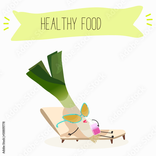 Illustration with funny characters fennel, leek, onion. Funny and healthy food. Vitamins, cute face food, ingredients, vegetarian, vector cartoon, agriculture,greenery.