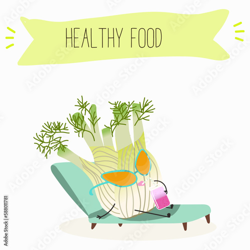 Illustration with funny characters fennel, leek, onion. Funny and healthy food. Vitamins, cute face food, ingredients, vegetarian, vector cartoon, agriculture,greenery.