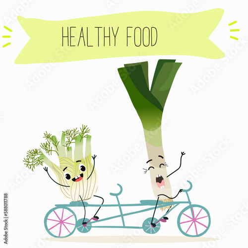 Illustration with funny characters fennel, leek, onion. Funny and healthy food. Vitamins, cute face food, ingredients, vegetarian, vector cartoon, agriculture,greenery.