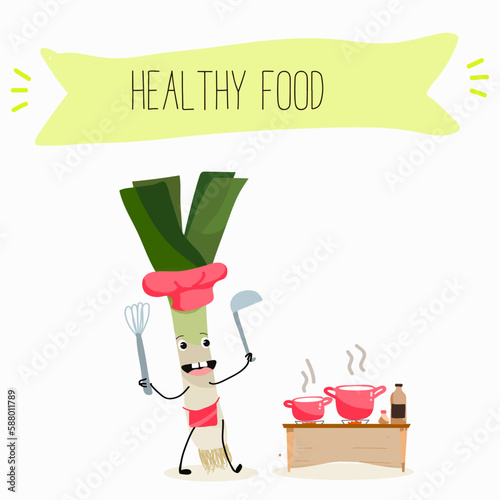 Illustration with funny characters fennel, leek, onion. Funny and healthy food. Vitamins, cute face food, ingredients, vegetarian, vector cartoon, agriculture,greenery.