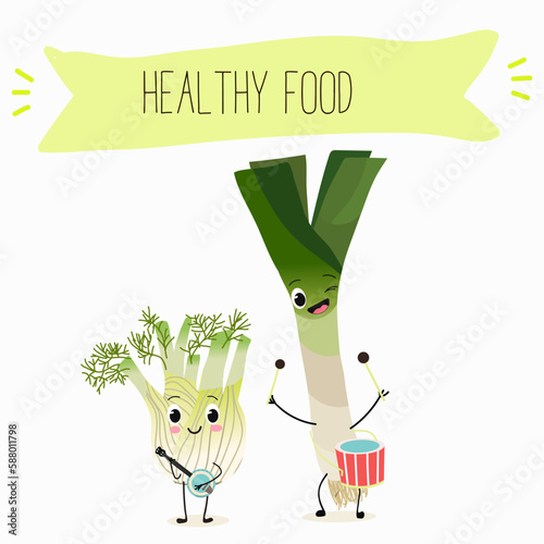 Illustration with funny characters fennel, leek, onion. Funny and healthy food. Vitamins, cute face food, ingredients, vegetarian, vector cartoon, agriculture,greenery.