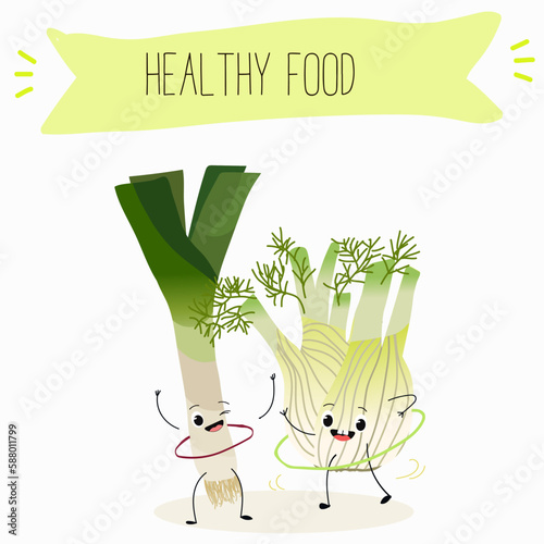 Illustration with funny characters fennel, leek, onion. Funny and healthy food. Vitamins, cute face food, ingredients, vegetarian, vector cartoon, agriculture,greenery.