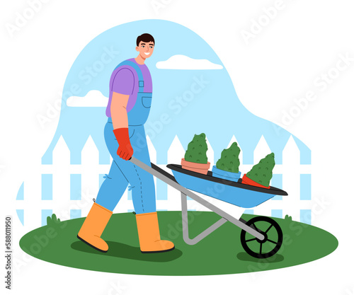 Male gardener working in the yard. Handyman character rolling a wheelbarrow. Garden maintenance concept. Flat vector illustration.
