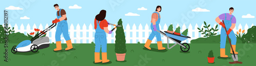Young people working together in garden. Women and men mowing the lawn, digging, pruning bushes, and hauling wheelbarrow. Banner of the importance of teamwork and equal contribution in garden care.