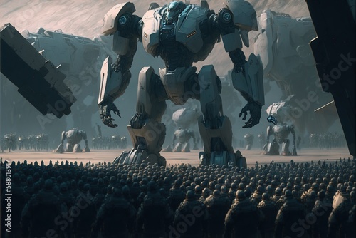 Scifi military robot or battlemech of futuristic army with robot soldiers standing in the background during army march or parade for sci fi game development concept. Superb Generative AI. photo