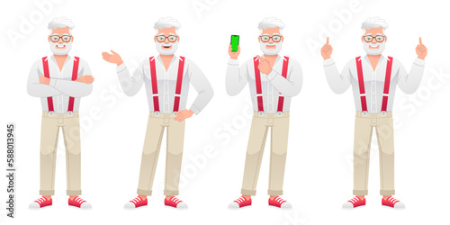 An elderly bearded man stands with his arms crossed, pointing at something, with a smartphone in his hand. An old white man with gray hair and glasses is standing in different poses. Grandfather