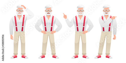 An elderly bearded man is standing thinking about something, dissatisfied, pointing at something. An old white man with gray hair and glasses is standing in different poses. Grandfather