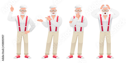 Grandpa is standing in a panic, clutching his head, pointing at something, thinking about something. An elderly bearded man in full-length character set. An old white man with gray hair and glasses