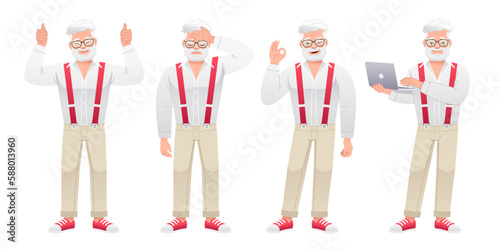 An old white man stands with a laptop in his hands, in sadness, a gesture of OK, a gesture of approval. An elderly bearded man with gray hair and glasses is standing in different poses. Grandfather