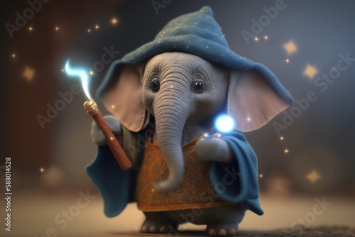 The Magical Little Elephant with a Glowing Wand, a Wizard Hat, and a Cape