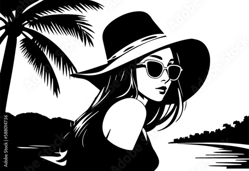 Beautiful woman in a big hat and sunglasses on the background of the river. Black and white vector illustration