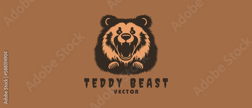 Vector logo, cartoon brown scary shaggy bear head with open toothy mouth. Sticker, icon or emblem. Isolated background.