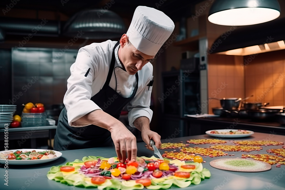 Professional chef cooking in the kitchen restaurant at the hotel, preparing dinner. A cook in an apron makes a salad of vegetables and pizza. Ai generated