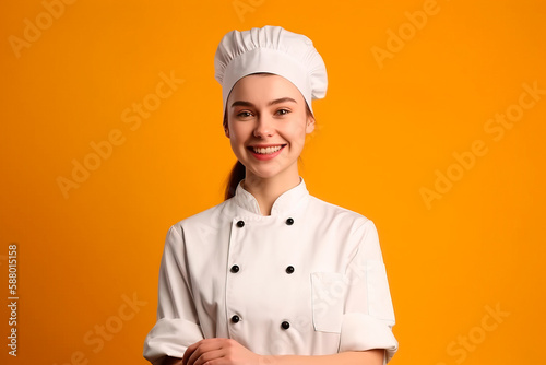 Smiling young woman chef cook in apron. Ai generated