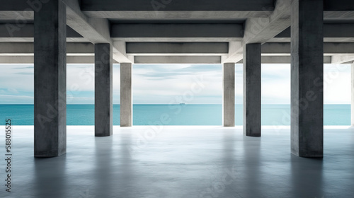 Ocean View Modern Concrete Room, Large Empty Space, Minimalist Architecture Design - Generative AI © Aruni