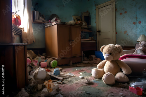 Abandoned teddy bear sit alone in a room for child abuse or loneliness concept. Generative AI