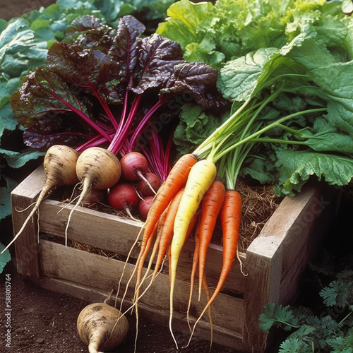 Fresh wholesome root vegetables, created with Generative AI technology.