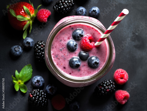 Top down shot of a mixed berry smoothie, created with Generative AI technology.