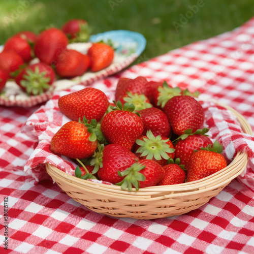 Strawberries in a basket on the grass