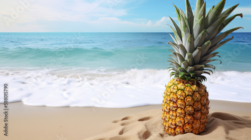 Pineapple on a beach, created with Generative AI technology.