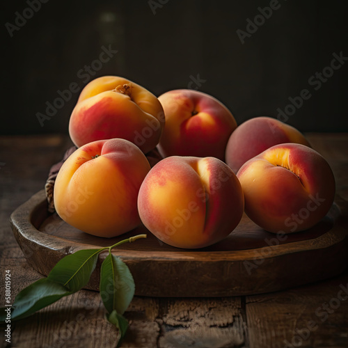 Delicious looking peaches on a wooden tray  created with Generative AI technology.