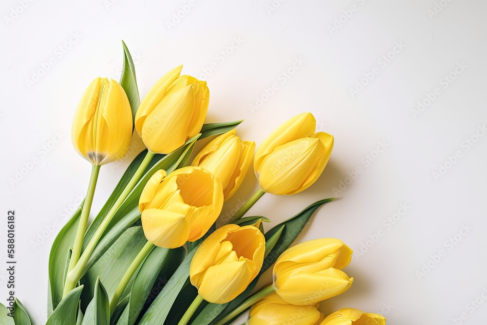 Yellow tulips on white background with copy space. Generative Ai. Yellow tulips on white background with copy space. Generative Ai.