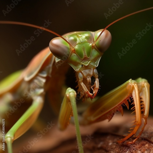 macro photography of a mantis. Created using generative AI. © hermes