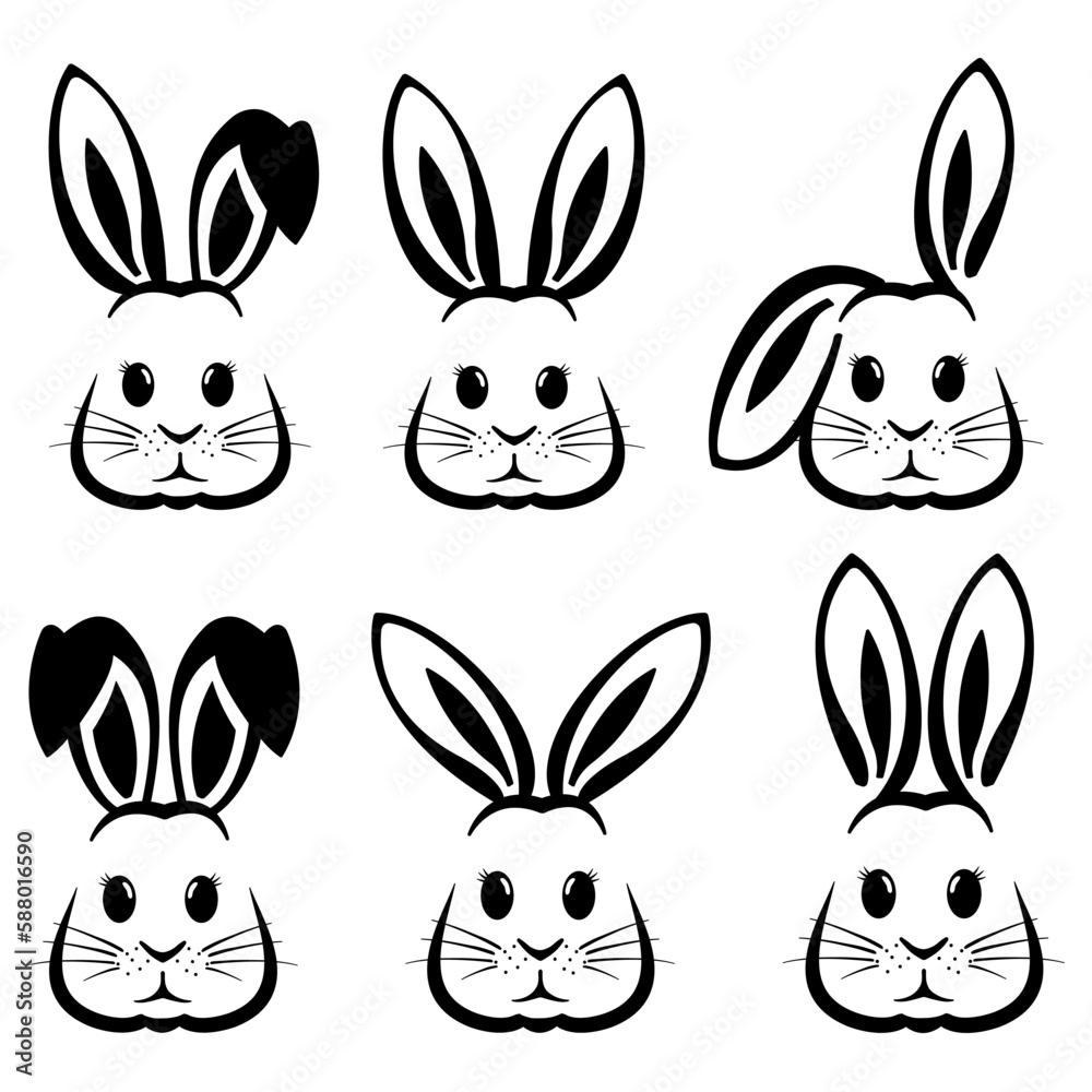 On a white background, a sweet assortment of bunny faces with Easter-themed graphics is displayed. On a white background, a sweet assortment of bunny faces with Easter-themed graphics is displayed.