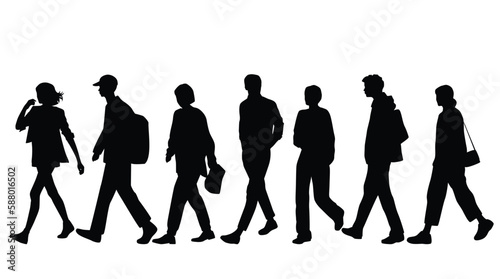 Vector silhouettes of  men and a women, a group of walking  business people, profile, black color isolated on white background