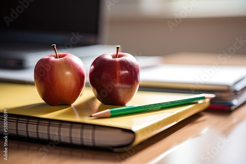 Teacher's day background with books and apple with copy space for text. generative ai.