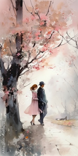 Generative ai watercolor illustration of romantic couple in love standing below cherry tree