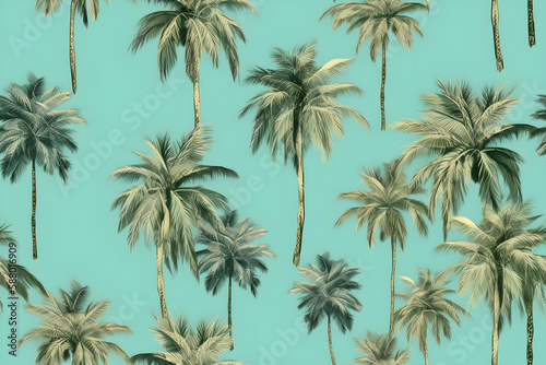 Green palm trees on blue background, pattern, illustration, Generative AI
