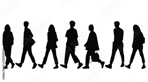 Vector silhouettes of  men and a women, a group of walking  business people, profile, black color isolated on white background