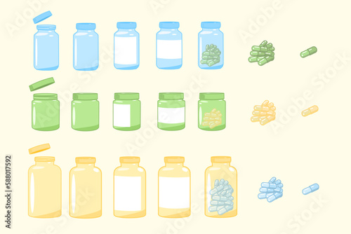 Set of empty plastic jars in blue, yellow and green, pill containers, bottles full of pills or dragees, with or without a lid. Biologically active additives and vitamins in vector illustration.