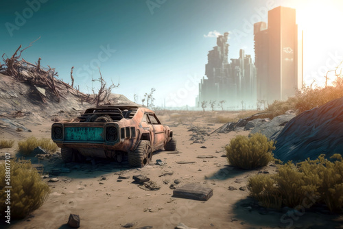 Post-apocalypse: The End of the World. Rusty car and terribly ruined landscape at sunraise | Generative AI Production