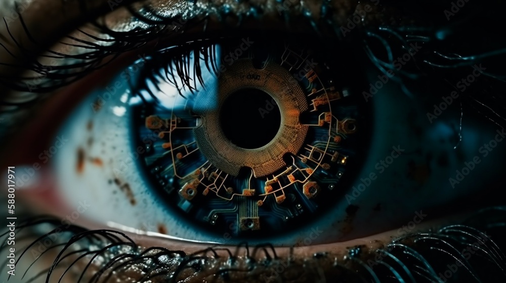 Extreme close-up of an robotic eye, electronic pupil, chip, generative AI