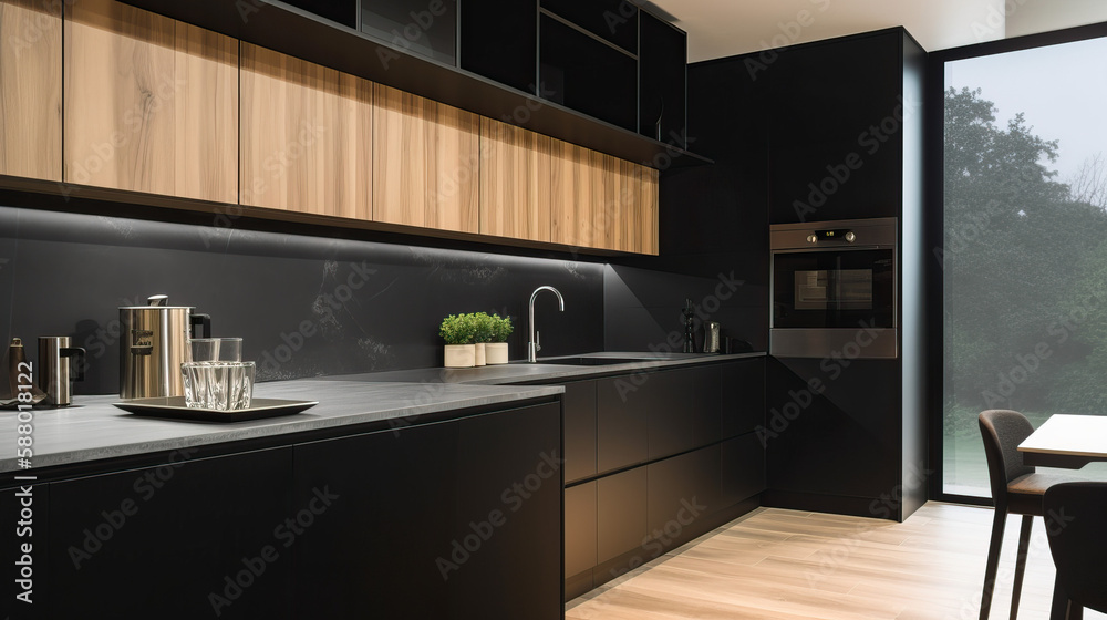 Modern Black Kitchen with Wooden Elements Interior Design and Sleek Finishes - Generative AI