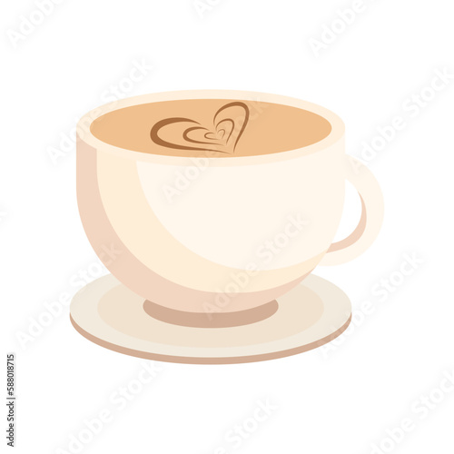 White cup of coffee with an image of heart. Cartoon style